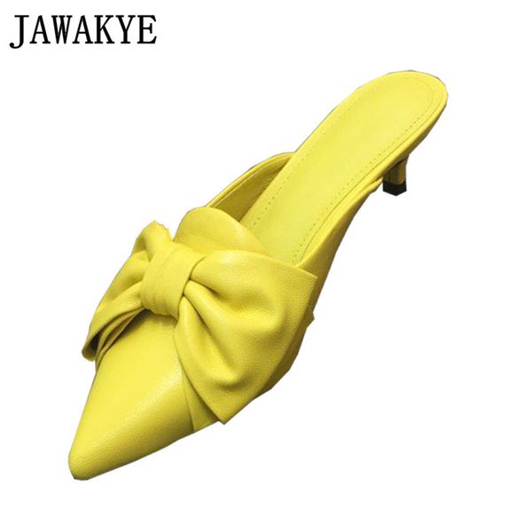 

sweet butteryfly-knot slippers women pointed toe kitten heel stilettos candy color genuine leather cozy mules shoes flip flops, Black