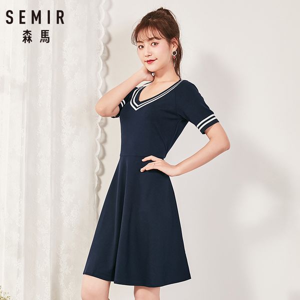 

Semir 2018 Summer New Dress Female Slim V-neck Waist Temperament Dress Student Hit Color Pleated Lady Dress For Women