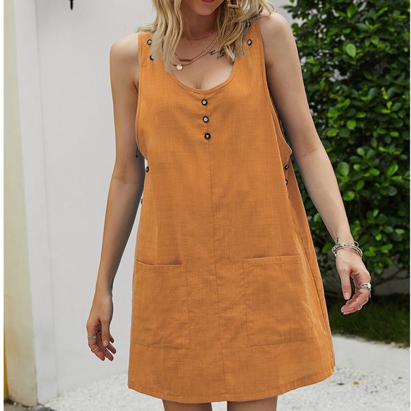 

casual dresses women vintage straight dress 2021 summer women's sleeveless vest outer wear slim mini cotton linen, Black;gray