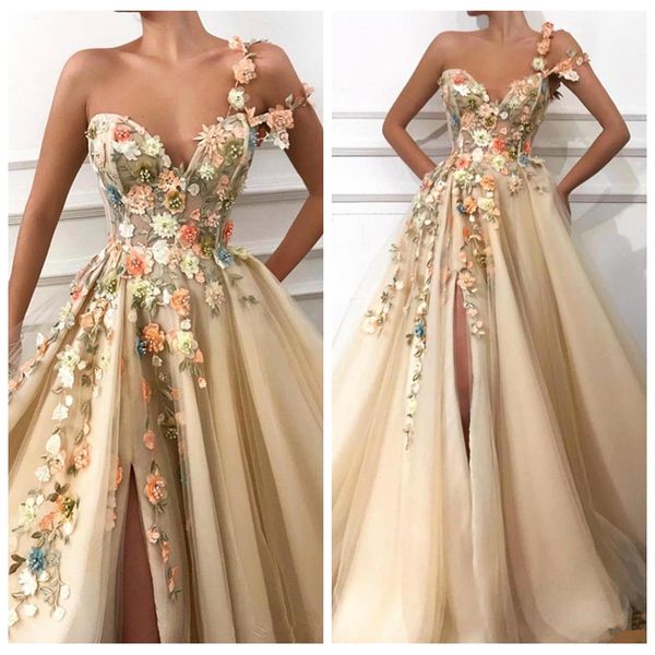 

one shoulder 3d flowers adorned a-line prom dresses split front custom sweep train junior champagne evening party gowns special dress, Black