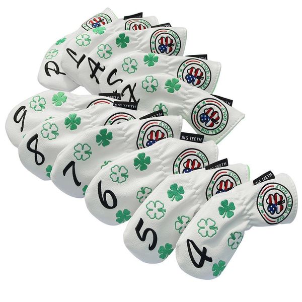 

большие зубы 11pcs / set (4 ~ 9 paslx) гольф железный клубы head covers длинные шеи clover вышивки упругие закрытие белый кожа pu ayqqq