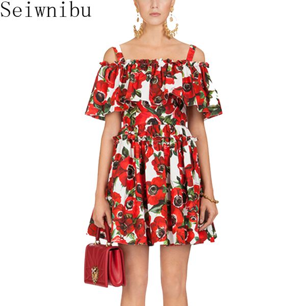 

Seiwnibu Off Shoulder Holiday Beach Women Dress Runway Summer Floral Print Ruffles Dress Sweet Halter Ball Gown Mini Vestidos