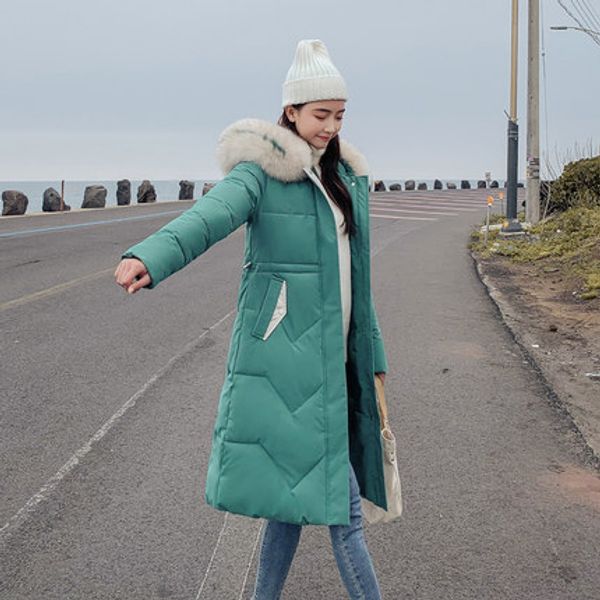 

2019 new women's down cotton padded jacket winter korean version of the waist thickened cotton long section over the knee, Black