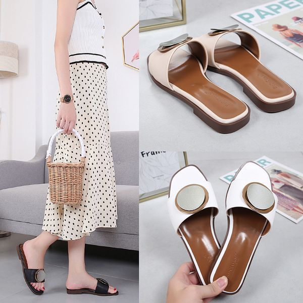 

metal decoration one band slides women summer open toe flat slippers outside large size sandals beach anti-skid slip on slippers, Black