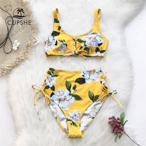 

cupshe yellow floral print bikini sets women high waist lace up two pieces swimsuits 2020 girl beach bathing suits, White;black