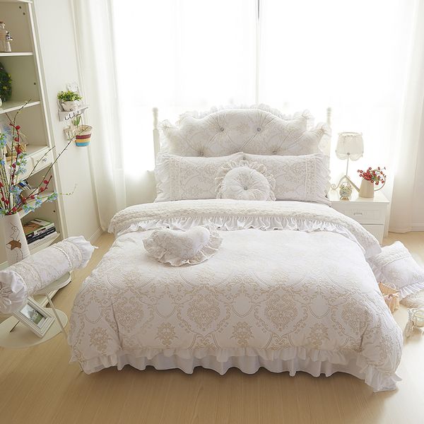 Luxury White Wedding Bedding Set Princess Lace Bed Skirt Warm