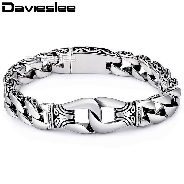 

davieslee mens bracelet chain 316l stainless steel punk bracelets for men curved silver color curb chains cuban link 15mm lhb10, Golden;silver