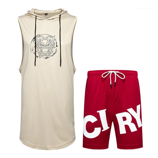 

casual breathable tracksuits fashion print sleeveless vest lace up shorts loose sports suit mens, Gray