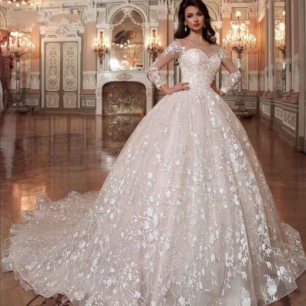 Discount Luxury 2020 Shiny Beading Crystal Lace A Line Wedding Dresses Robe De Mariee Princesse De Long Sleeve Bridal Gowns Puffy Skirt Wedding Dress