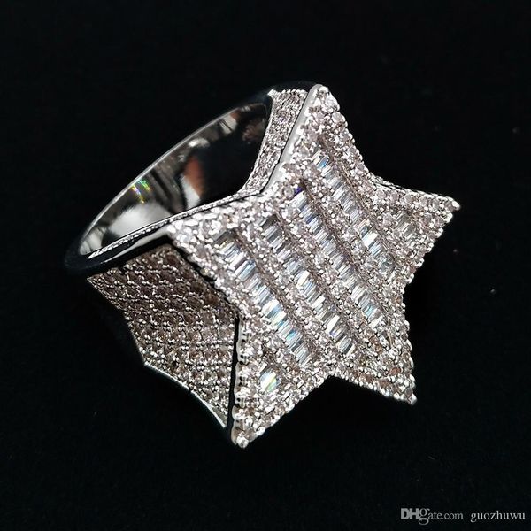 

18k gold & white gold mens luxury bling cubic zirconia pentagram hip hop ring band full diamond iced out rapper jewelry gifts for boyfriend, Silver