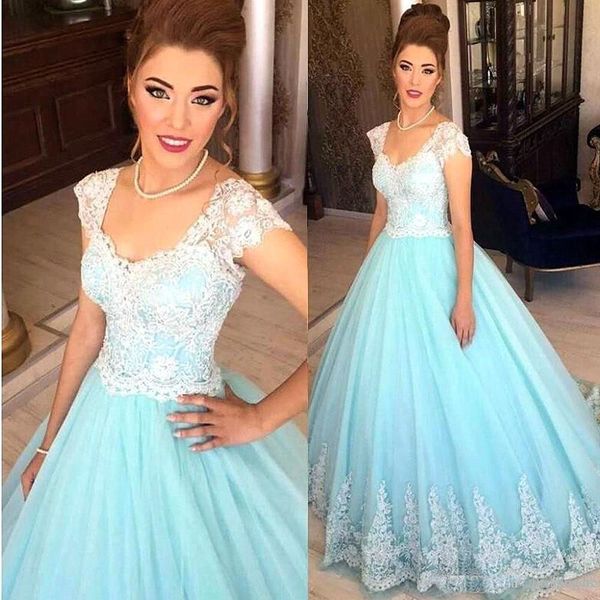 

2018 New Arrival Light Sky Blue Ball Gown Quinceanera Dresses White Lace Tulle Cap Sleeve Elegant Prom Party Gowns Formal Sweet 16 Dresses