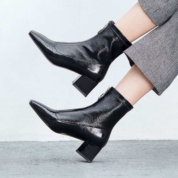 

vangull ins women ankle fashion handmade elastic patent leretro square short front zipper platform martin boots mx200508, Black