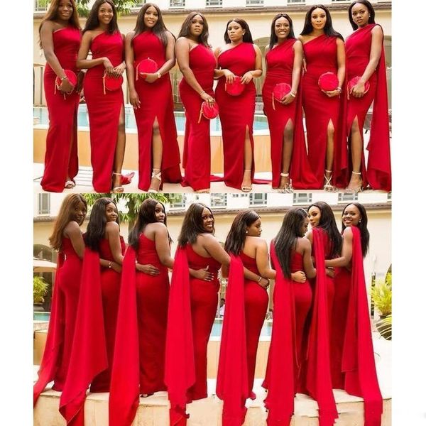 

one shoulder mermaid long bridesmaids dresses split custom made robe de honor of maif guest party gowns simple split side, White;pink