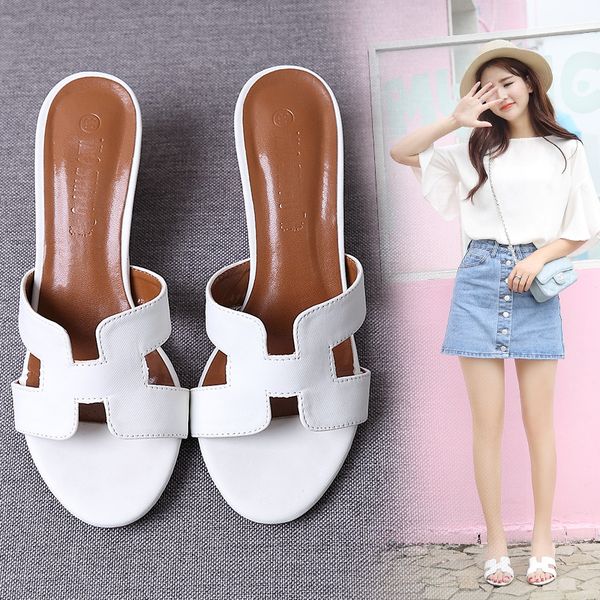 

slipper women's summer 2019 new style chunky-heel slippers outer wear thick bottomed semi-high heeled h sandals versitile fashio, Black