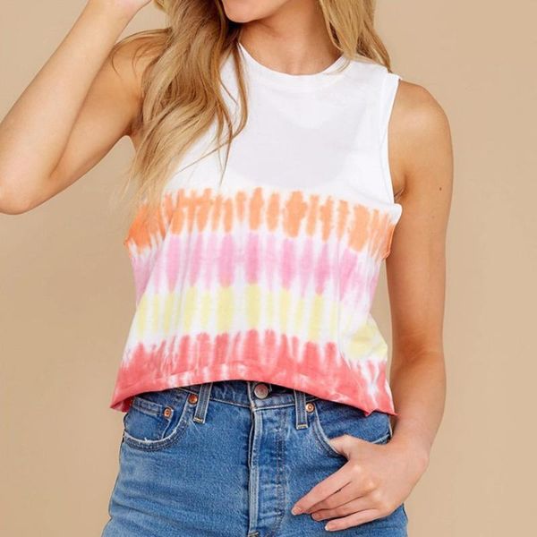 

women's summer tank tie-dye rainbow multicolor colourful gradient o-neck digital gradient printed sleeveless vest new, White