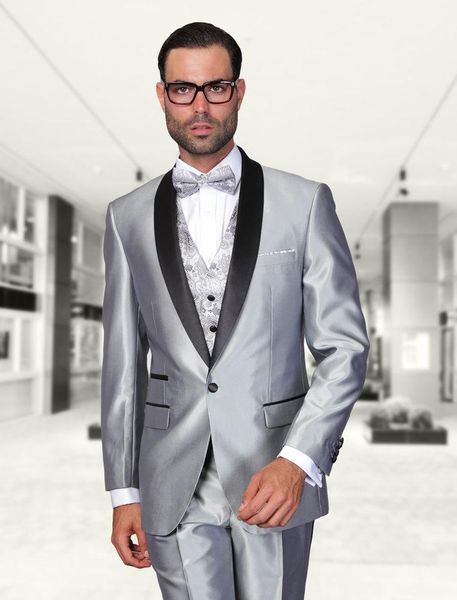 Gümüş Gri Damat smokin Şal Yaka Groomsmen Mens Gelinlik Mükemmel Adam Ceket Blazer 3 Adet Suit (Ceket + Pantolon + Vest + Tie) 88