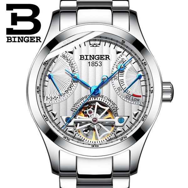 

switzerland binger men automatic watch mechanical watches skeleton wristwatches waterproof relogio masculino stainless steel, Slivery;brown