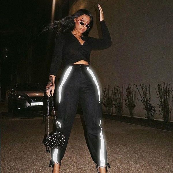 

women night reflective striped pants autumn winter workout high waist zipper button bottom female fashion street trousers, Black;white