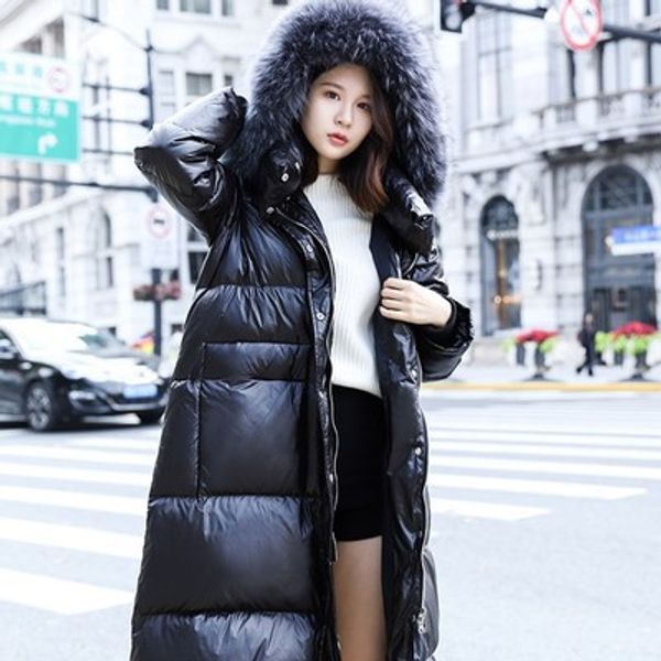 

european goods down jacket women's mid-length 2018 new style winter ozhouzhan over-the-knee large fur collar black and white wit, Black;white