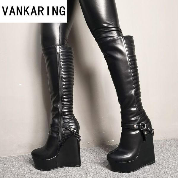 

autumn winter lacing platform knee high boots women fashion black wedge high heels leather shoes winter large size 46