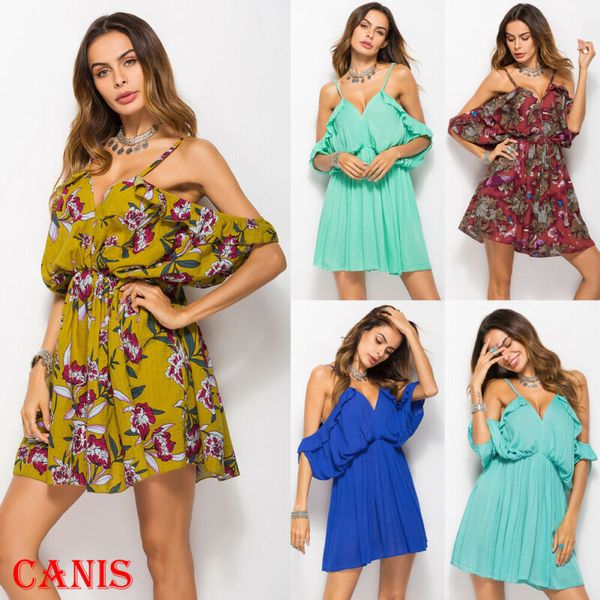 

summer women ladies off shoulder floral/solid color v neck high waist boho beach holiday party casual elegant mini dress, Black;gray
