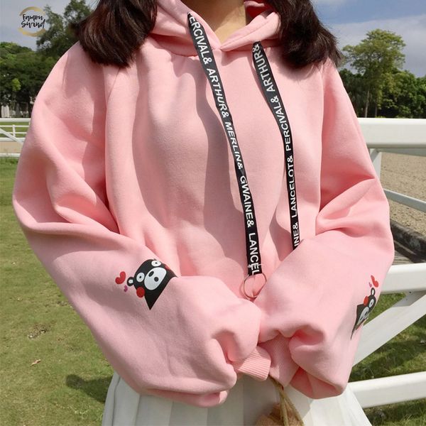 

harajuku fashion autumn winter women hoodies cute bear print girls hoodies loose plus velvet sweatshirt long sleeve pullovers, Black