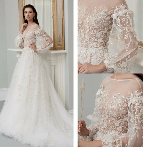 

2019 lace wedding dresses jewel neck 3d floral appliques a line long sleeve illusion bodice beach wedding dress custom made bead bridal gown, White