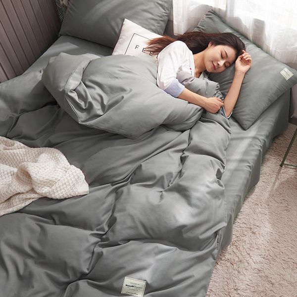 

gray color duvet cover king size 4pcs bedding set cotton solid plain quilt cover bed sheet pillowcase kids bed linen sets single