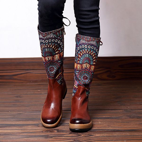 

women boots embroidery lace shoe splicing pattern flat bohemian style zip knee high boots botas mujer invierno 2019, Black