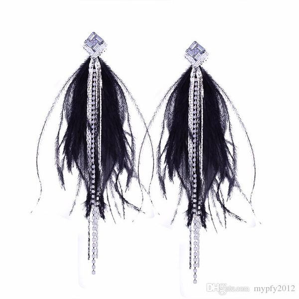 

long feather earrings new boho style tassel rhinestone drop earring for women feather dangle statement earring 4 colors qd, Silver