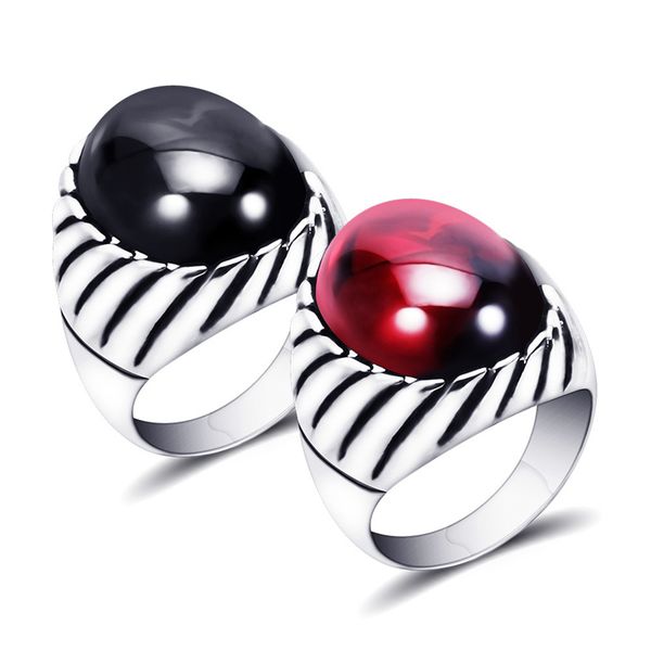 

ajojewel size 7-12 vintage stainless steel deep red black semi-precious stone ring for men women dance jewelry, Slivery;golden
