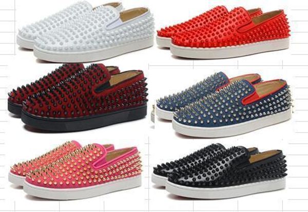 

2019 new men's fashion french style rivets spikes shoes lace up red bottom breathable high sneakers party flat shoes c17, Black