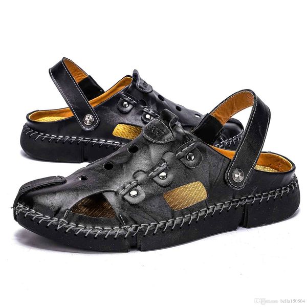 

new genuine leather designer flip flops european brand designer sandals men summer sandals anti-slipping outdoor slippers, Black