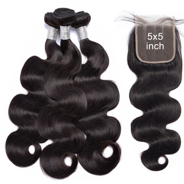 

5x5 lace closure with brazilian straight body wave loose wave bundles human hair natural color 100% remy hair weaves ing, Black