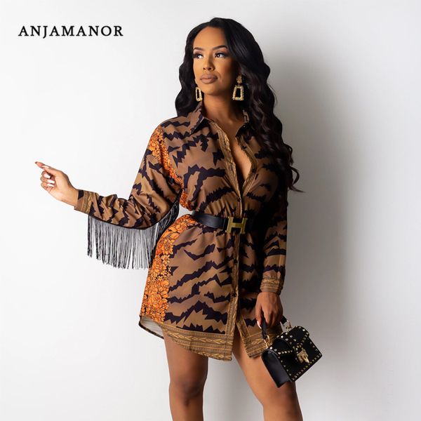 

anjamanor fashion stripes printed fringed long sleeve shirt dress casual clothes for women autumn winter 2019 d90-ac70, Black;gray