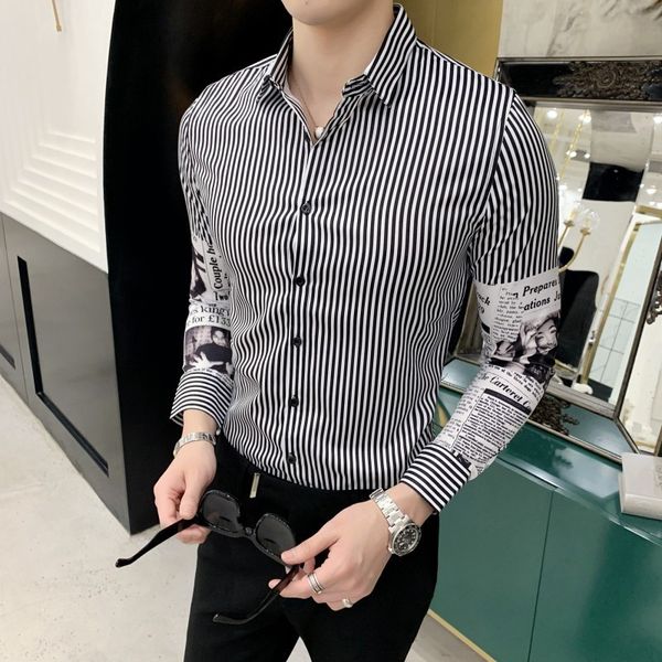 

korean luxury stripe print men shirt slim fit camisa masculina casual shirts men clothes 2018 long sleeve business dress tuxedo, White;black