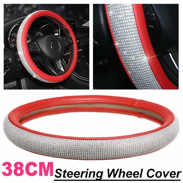 

crystal pu leather car steering wheel cover bling bling rhinestones auto steering wheel car styling red pink purple