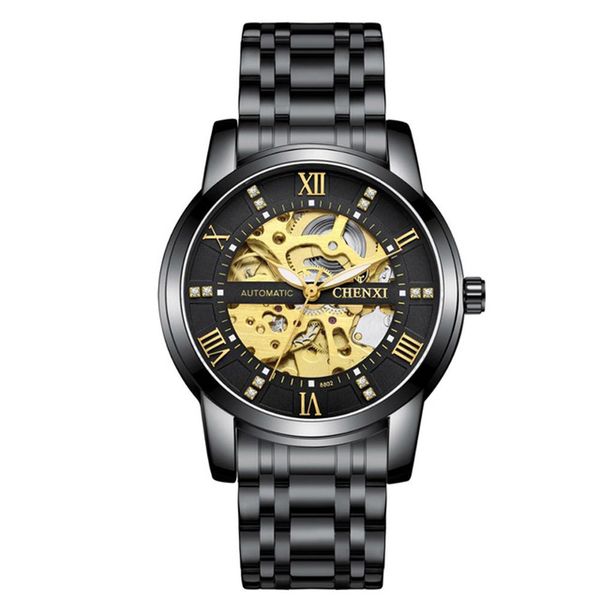 CHENXI водонепроницаемые наручные часы с автоматическим механизмом, светящейся стрелкой, полым циферблатом, 001, золотой циферблат, ремешок из нержавеющей стали, часы для мужчин