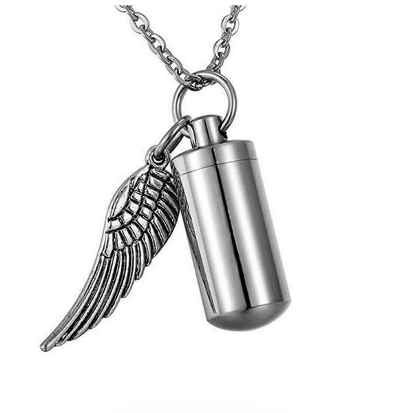 

10*28mm stainless steel small cylinder with wings pendant cylinder plus wing casket memorial pendant ashes necklace, Silver