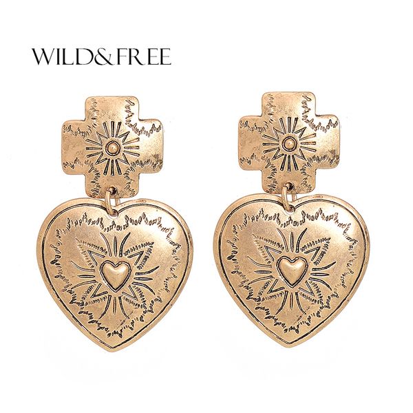 

wild&bohemia alloy heart stud earrings for women ethnic gold&silver color texture cross statement earring jewelry wholesale, Golden;silver