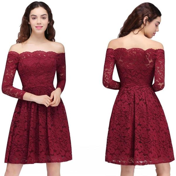 2020 Nuovo design pizzo bordeaux abiti da ritorno a casa vintage spalle scoperte maniche lunghe lunghezza al ginocchio abiti da cocktail ritorno a casa CPS694