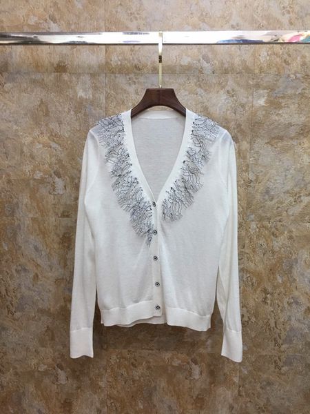 

2019 winter new women wild v-neck cardigan knit lace stitching 1014, White