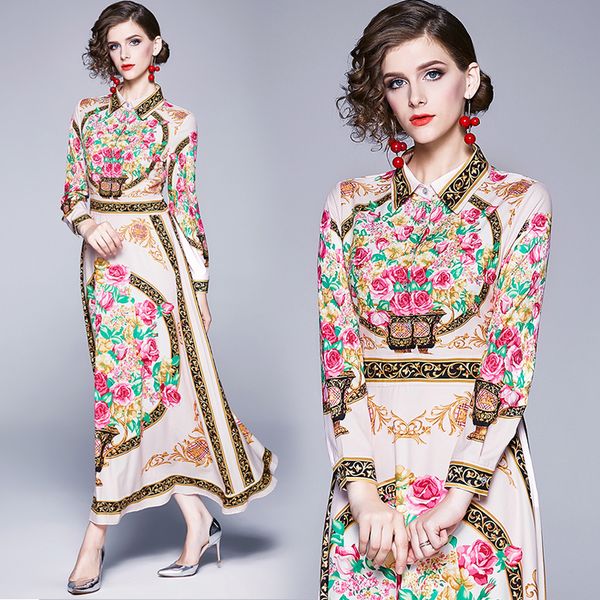 

2020 luxury vintage baroque print dress women fashion long sleeve lapel neck party prom ladies runway dress elegant office designer dresses, Black;gray