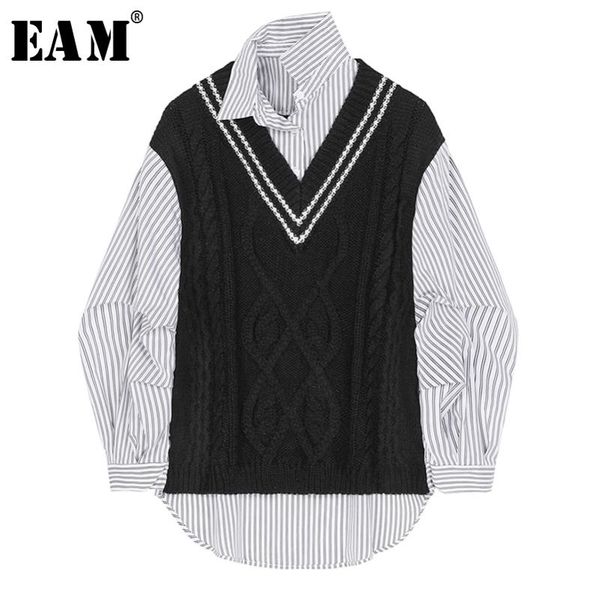 

eam] women black striped split knitting blouse new lapel long sleeve loose fit shirt fashion tide spring autumn 2020 1r554, White