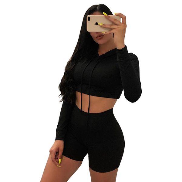 

europe's new solid color hooded sports suit fashion casual fit long sleeve and shorts women's two-piece set, White