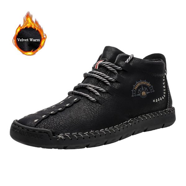 

wenyujh winter snow boots men warm casual genuine leather shoes men comfortable flat lace-up shoes male hiking boots, Black