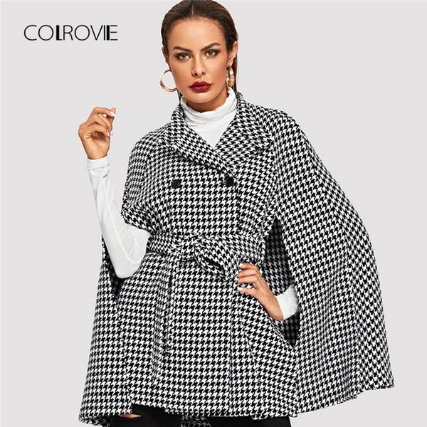 

colrovie black office self belted houndstooth plaid cape wool blend winter coat women 2018 autumn fashion cloak sleeve outerwear y190926