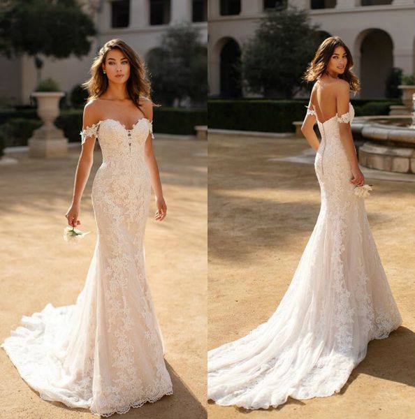 

elegant mermaid wedding dresses 2019 lace appliqued off the shoulder custom made wedding vestidos de novia sweep train country bridal dress, White