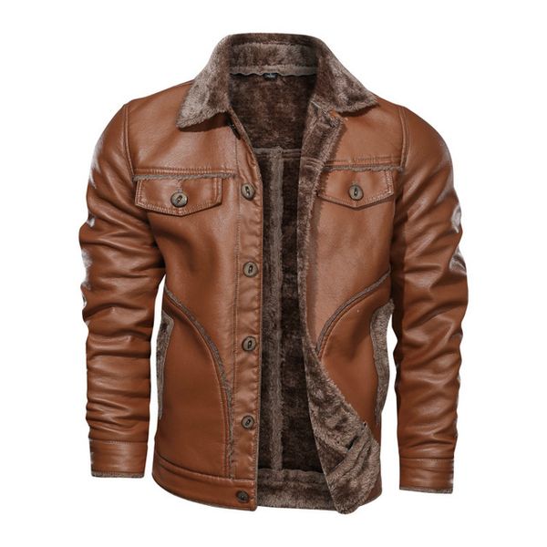 

men leather jacket lamb wool lined parka outwear coat men retro fur jacket buttom up pu leather coat warm plus size 8xl, Black