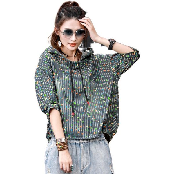 

women's hoodies & sweatshirts 2021 streetwear fashion for women with hat and drawstring loose half sleeves printed trend pullovers fem, Black